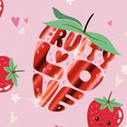 "FRUITY LOVE" in einer fruchtigen Erdbeerform. Verspielter Hintergrund mit Herzen und Erdbeeren. Verspielte Illustration.