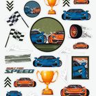 "Built for Speed", "Racing Team"; Illustration von Sportwagen, Pokalen, Reifen, Zielflaggen; dynamische Rennsportmotive.