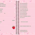 Notizbuchseite mit Feldern wie "Ich heiße", "Telefon" und "Mein Lieblingsfilm". Rosa Hintergrund, Erdbeerillustrationen.