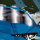 Illustration eines blauen Autos mit zersplitterndem Glas; dynamische Linien zeigen Bewegung.
