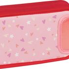Ein rosa Etui mit roten Zippern, verziert mit bunten Herzchen und kleinen Blumen.