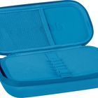 Blauer, geöffneter Etui mit Netzfach und elastischen Halterungen auf beiden Seiten.