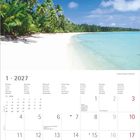 "1 · 2027. Montag, Dienstag, Mittwoch etc., Woche 1-4. Unten Linien für Notizen. Foto: Palmenstrand mit blauem Himmel."