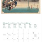 Text: Februar, Montag bis Sonntag in mehreren Sprachen. Illustration: Markt mit Menschen und Zelten an einem Fluss.