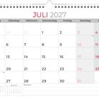Kalendarblatt für Juli 2027, beginnt mit Montag. Sonntage rot markiert. Mini-Kalender für Juni und August unten links.