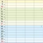 Kalender für Januar 2027, zeigt Tage und Wochen, farbige Streifen. Raum für Notizen am unteren Rand.