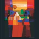 Kalenderseite mit Datumsanzeige unten. Ausdrucksvolle, farbenfrohe Malerei mit Haus und Bäumen in warmen Tönen.