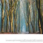 "Februar" und "February" stehen über einem Kalender. Ein Waldweg führt durch hohe, kahle Bäume, umgeben von Nebel.