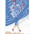 Text: "Februar". Eine Illustration zeigt Beine in roten Schuhen, die über Wellen zu laufen scheinen, mit roten Ballons und einer großen Blüte.