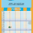 Text: „SORRY, ICH DACHTE DAS HAUS WÄRE UNBEWOHNT.“ Illustration: Zwei Schildkröten, eine sprüht Farbe auf die andere. Darunter Februar-Kalender.