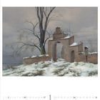 Kalenderseite für Januar mit Gemälde: Winterlandschaft mit verschneitem Torbogen und kargem Baum.