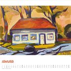 JANUAR. Kalender. Illustration: kleines Haus mit rotem Dach, Bäumen im Hintergrund, signiert von Künstler links unten.