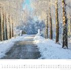Unterer Text: Monatskalender Januar. Oberes Bild: Schneebedeckte Allee mit kahlen Bäumen, führt zu einer Brücke.