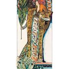 "Gismonda", "Bernhardt", "Théâtre de la Renaissance". Eine Frau in aufwendigem Gewand mit Palme, florale Muster. Art Nouveau-Illustration.