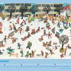 Monat "Januar", Illustration von Menschen beim Rodeln, Schneespielen und einem "Würstchen"-Stand im Hintergrund.