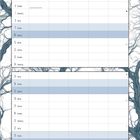 Kalender mit dem Titel "Januar" in einem ovalen Rahmen. Tabelle mit Wochentagen und Daten. Hintergrund zeigt Baumzweige.
