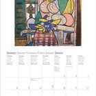 Januar Kalender mit Wochentagen in mehreren Sprachen, begleitet von einem abstrakten Gemälde einer sitzenden Frau.