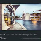 Kalenderblatt für Februar mit Wochentagen, ein modernes Gebäude am Fluss, im Hintergrund der Reichstag. Logo von GEO.