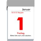 Kalenderblatt mit Texten: "Januar", "Neujahr", "1", "Freitag". Hinweis: "Blätter bitte nach unten abziehen."