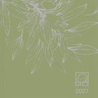 "2027" und ein Logo in einem rechteckigen Rahmen. Illustration von Olivenzweigen auf grünem Hintergrund.