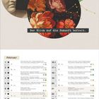 "Der Blick auf die Zukunft befreit." Kalenderblatt für Februar mit Illustrationen von Blumen, Mond, Statue und Maiglöckchen.