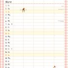 Kalenderblatt: "JANUAR" in Orange. Eine Person mit roten Zöpfen in einem Fass auf dem Wasser. Tabellenkalender mit Daten.