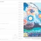 Linke Seite: Kalenderseite für März mit Wochentagen und Daten. Rechte Seite: Bunt bemaltes Elefantengemälde, darunter Graffiti "UNITY".