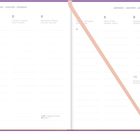 Januar, Montag - Sonntag auf mehreren Sprachen. Kalenderwoche 1. Lila und gelbes Muster am Rand.