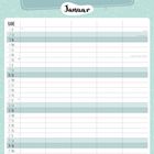 Illustration: "Familie heißt: Planen, Stolpern, Lachen - und zusammen weitergehen." Januar-Kalender mit Spalten.