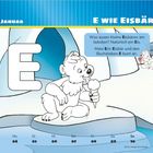 „E wie Eisbär“, „Was essen kleine Eisbären am liebsten?“, „Natürlich ein Eis.“ Ein Eisbär mit Eis sitzt auf einer Eisscholle.
