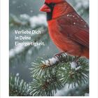 "Verliebe Dich in Deine Einzigartigkeit." Ein roter Kardinal sitzt auf einem schneebedeckten Tannenzweig. Januar 2027.