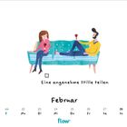 "Eine angenehme Stille teilen", Februar, KW 8. Illustration: Zwei Personen auf einem Sofa mit Weingläsern.