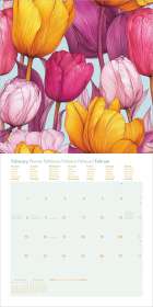 Kalender für Februar 2027 in mehreren Sprachen, darunter Deutsch und Englisch, mit Notizbereich. Illustration von bunten Tulpen.