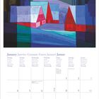 Kalenderseite für Januar. Illustration: Drei rote Häuser vor stilisierter Landschaft in kräftigen Farben.