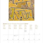 Kalenderblatt mit den Wochentagen und dem Monat Januar in verschiedenen Sprachen. Bunte Illustration oben.