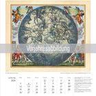 Vorjahresabbildung. Januar 2026 Kalenderblatt mit historischer Himmelskarte und Illustrationen von Figuren an den Ecken.