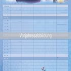 Kalendarwoche, Vorjahresabbildung, Name, Notizen, Januar. Illustration: humorvolle Tiere auf einem Schlitten im Schnee.