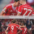 "Vorjahresabbildung" steht groß in der Mitte. Fußballspieler in roten Bayern München Trikots, jubelnd auf dem Spielfeld.