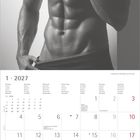 Kalender 1·2027, zeigt Monate, Wochentage (Montag bis Sonntag) und Notizzeile. Schwarz-weiße Abbildung eines männlichen Oberkörpers oben.