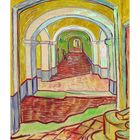 Text: "Vincent van Gogh, Corridor in the Asylum, 1889". Bunte Illustration eines Ganges mit Bögen und einer Figur.