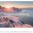 "Vorjahresabbildung", darunter schneebedeckte Küste bei Sonnenaufgang mit Bergen und Meer, Kalender für Januar 2026.