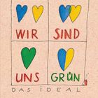 "Peter ↔ T. Schulz. WIR SIND UNS GRÜN DAS IDEAL." Illustration mit farbigen Herzen: blau, gelb, grün und gemischt.