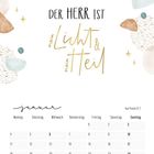 "Der HERR ist mein Licht & Heil." Kalenderseite für Januar mit verspielten Illustrationen in pastellfarbenem Design.