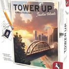 „TOWER UP ERWEITERUNG Paradise Islands“. Illustration einer modernen Stadt mit Strand und Brücke. Pegasus Spiele-Logo.