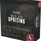 Text: "Vampire: The Masquerade Milan Uprising Faction Control Miniatures Expansion Pack." Schwarzer Hintergrund, Pegasus-Spiele-Logo.