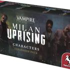"Vampire the Masquerade: Milan Uprising Characters Expansion Pack" auf der Verpackung, mit düsterer, mystischer Illustration.