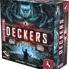 „DECKERS“, ein Spiel ab 12 Jahren, für 1-4 Spieler, 60-90 Min. Illustration einer futuristischen Szenerie mit leuchtendem Gesicht.