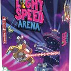 "LIGHT SPEED ARENA" in großen, bunten Buchstaben. Raumschiffe im Weltraum, Laserschüsse, futuristische Arena, Pegasus Spiele Logo.