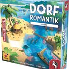 "DORF ROMANTIK SÜDSEE" in großer weißer Schrift. Illustration mit tropischer Insel, Strand, Palmen und Booten.