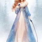 Text: "Peitsche", Nummer 11 in einer Schneeflocke. Illustration einer Frau im blauen Wintermantel mit Blumen im Haar.